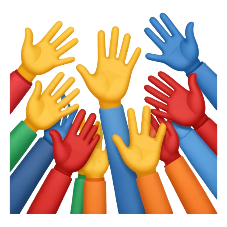 Emoji-style icon showing several diverse hands high-five together, symbolizing unity and team spirit. Flat minimal Apple-style emoji, bright colors, white background, soft shadows. sticker