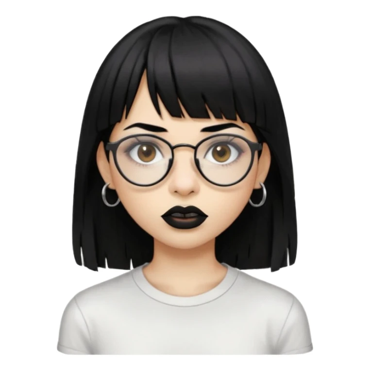 uma mulher snapchat icon, cor da pele normal, cabelo preto liso solto grande com franja vegana, curta, óculos pretos, com piercing na boca e nariz, olhos castanhos, camisa branca, a tela de fundo branca, coloque um piercing, um metal na boca e no nariz, cicatriz na sobrancelha, cor da boca preto,  sticker