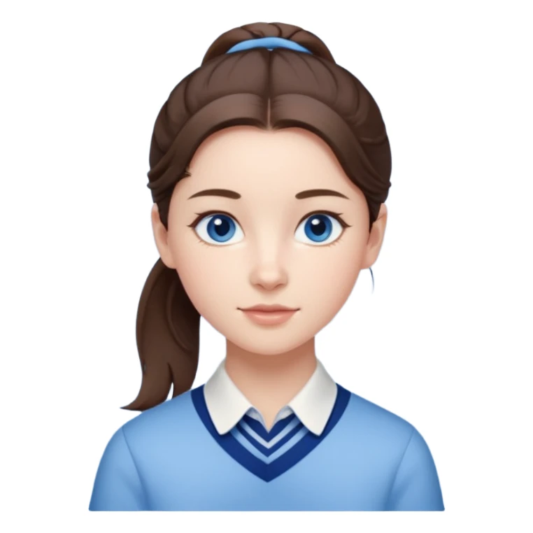 Realistic Student Portrait, with porcelain-like skin featuring a natural rosy flush, illuminated by soft lighting that highlights the gentle contours of her face. Her Brunette pony tail hair flows in soft, Her deep blue eyes radiate warmth and innocence,  wear light blue preppy style. sticker