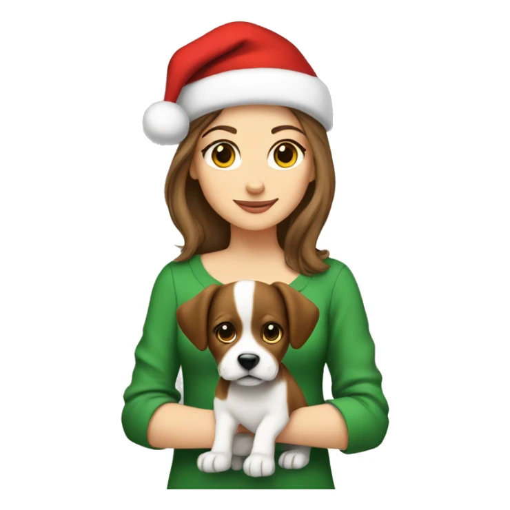 Brown hair white girl with a Christmas hat on with a puppy sticker