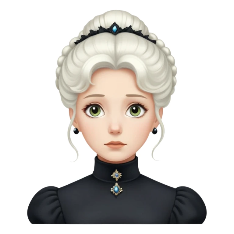 Victorian-era white woman with white coiffed hair, light eyes, wearing a simple dark turtleneck Victorian gown, with a dropped jaw in awe and wonder sticker