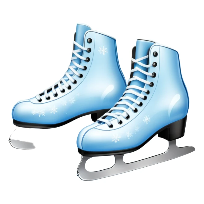 An icon showing In the background, twinkling lights, winter trees, and blue sky. a pair of elegant ice skates gliding across a smooth, frozen rink with snowflakes in the air. Transparent background highlights the grace and charm of ice skating. sticker