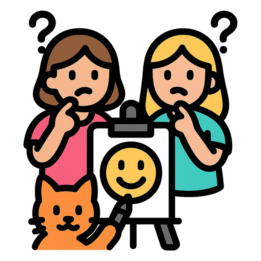 two girls guessing as a kitty draws an emoji, vibrant color icon sticker