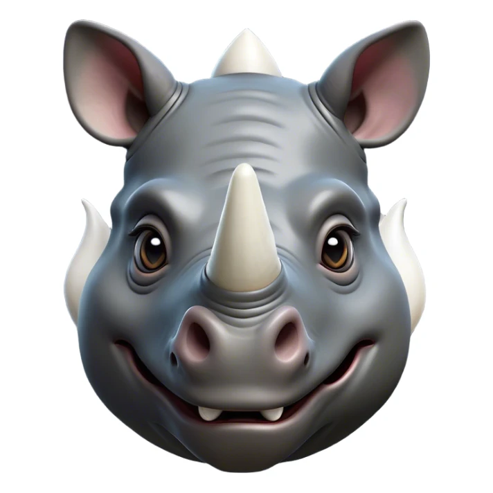 Cinematic Comical Rhinoceros Portrait Emoji, Head tilted dramatically with an exaggeratedly amused expression, featuring a striking, glossy slate-gray hide with a boldly textured white horn, wide, expressive eyes filled with playful disbelief, Simplified yet hilariously expressive features, highly detailed, glowing with a slightly sassy glow, high shine, dramatic yet playful, stylized with an air of cheeky wild mischief, bright and endearing, soft glowing outline, capturing the essence of a spirited and over-the-top rhinoceros, so meme-worthy it feels like it could charge its way into internet fame instantly! sticker