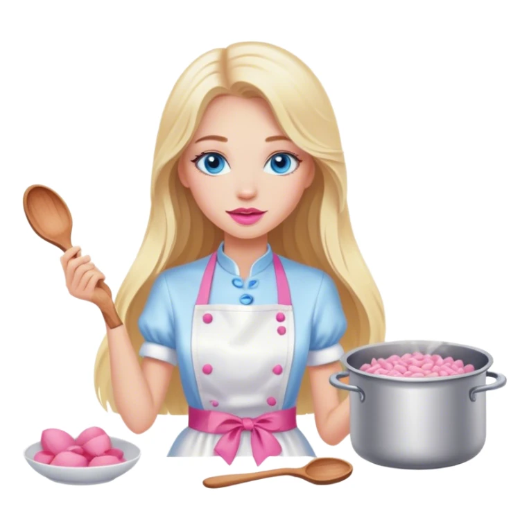 Cinematic realistic beautiful blonde with long hair, blue eyes and pink lips in a white dress cooks sticker