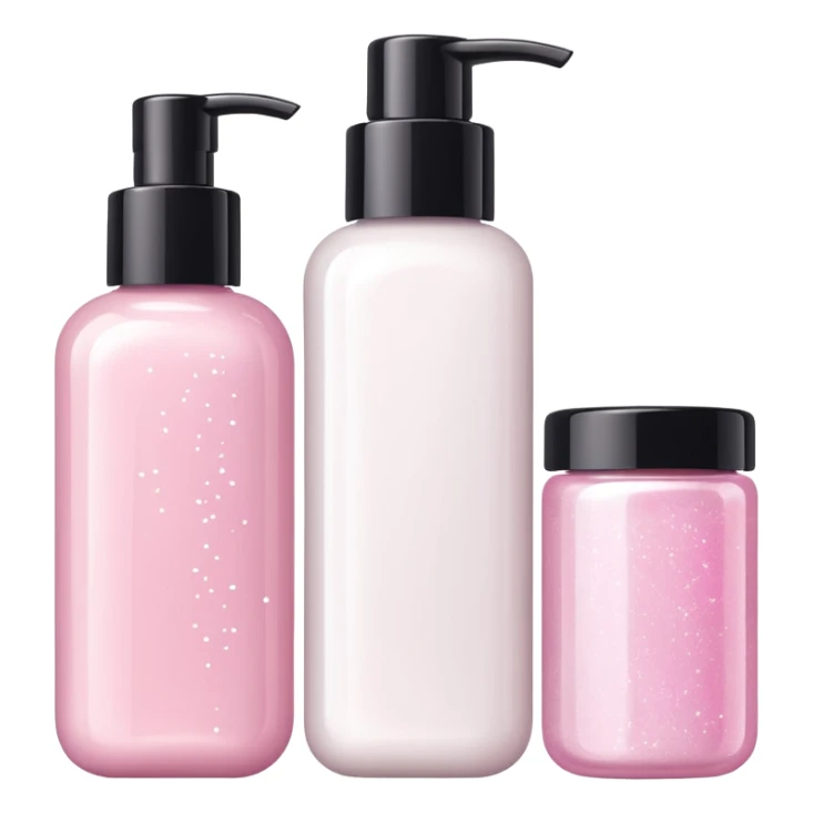 three white standing beauty products, sparkles around sticker
