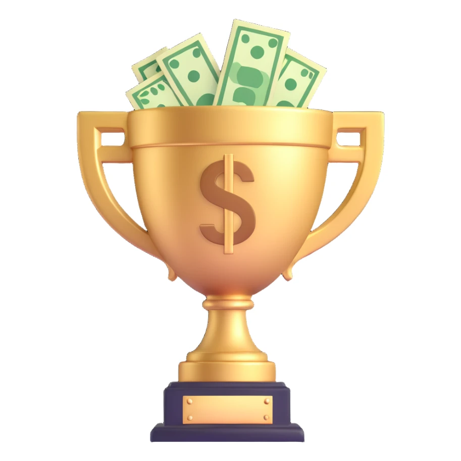 highly-detailed, realistic 3D icon of a large trophy filled with dollars and money, brightly lit, isolated on transparent background sticker