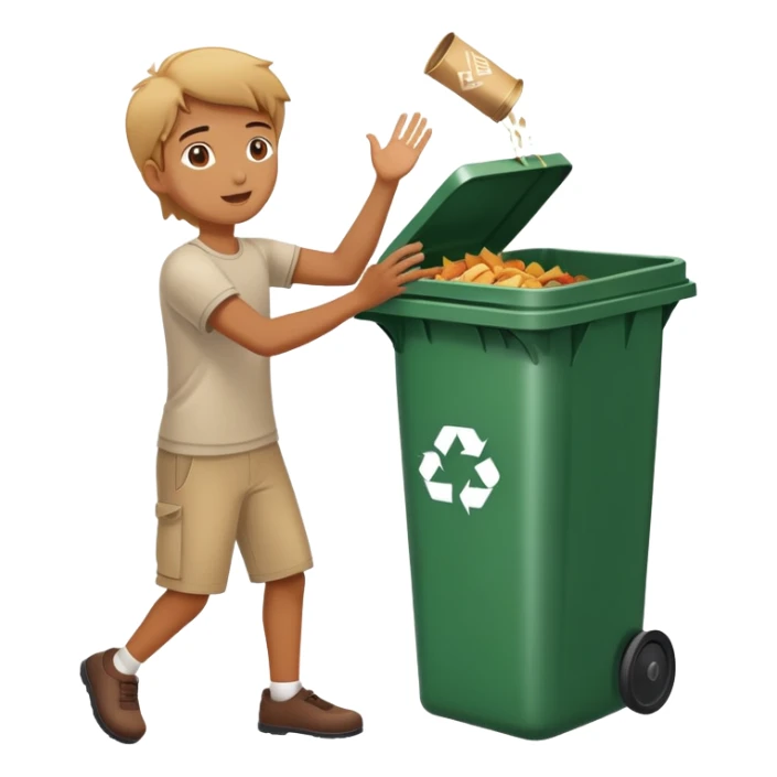 person throwing leftover food into a dustbin, simple and clear, friendly sticker