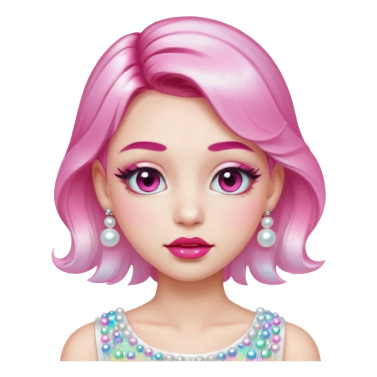 “Emoji girl, glossy pink eyelids, ombré cherry lips, soft contour, subtle glitter under eyes, pearl hair clips, trendy hairstyle, iridescent modern top.” sticker