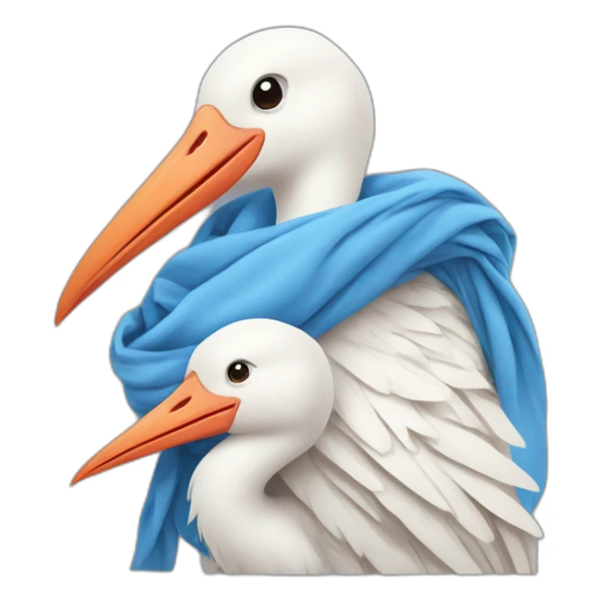 White stork carrying a blue bundle of cloth in its beak that has a human person cute baby with and the human baby head is peeking from the fabric bundle the strok is carrying with its beak sticker