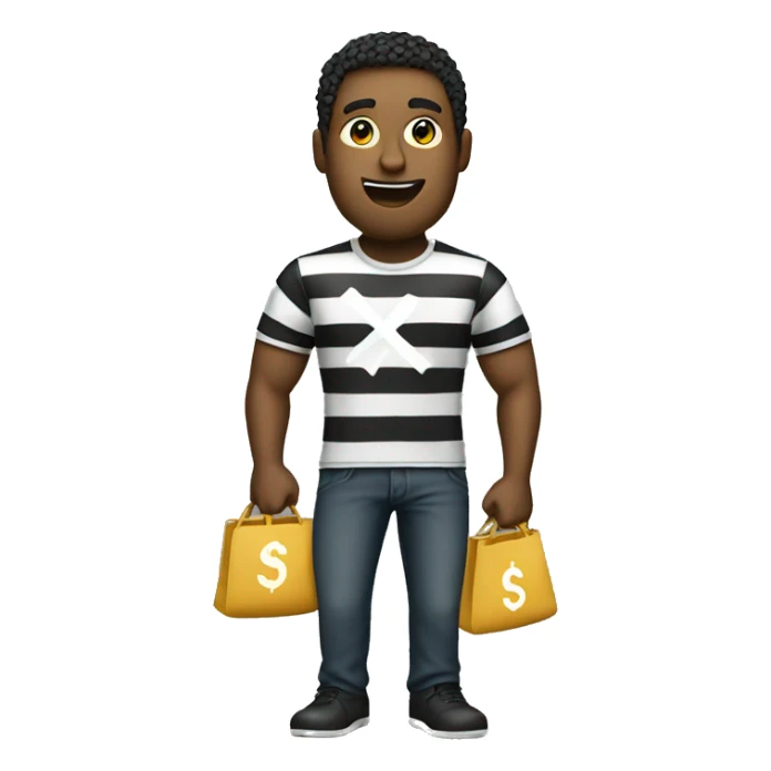 man with black and white stiped t-shirt holding a bag with dollar symbol sticker