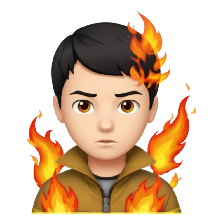 boy with short black hair, fire, risk-taker, realist sticker