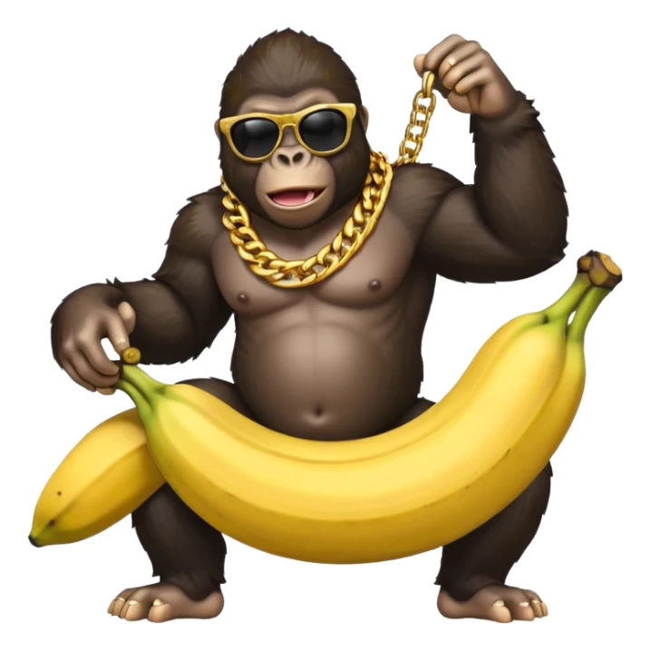 A realistic gorilla with cool shades and a gold chain riding a banana  sticker