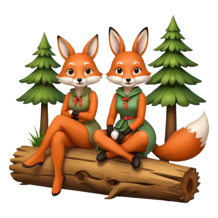 two forest women dressed as fox and rabbit sitting together on log sticker