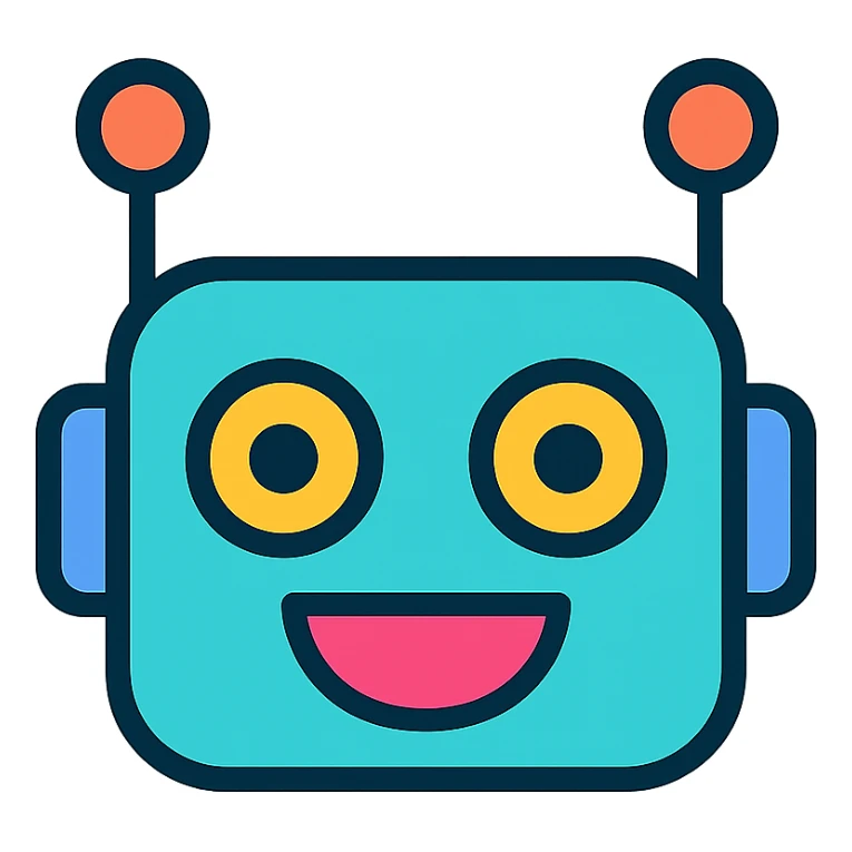 futuristic AI chatbot emoji, antenna, expressive eyes, text style, minimal lines sticker