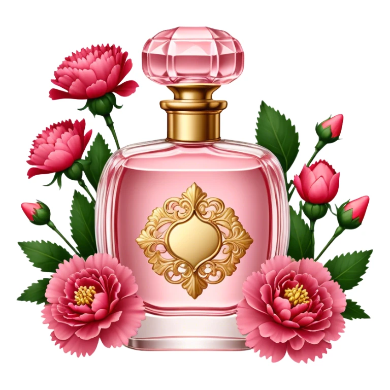 A delicate vintage perfume bottle in soft Petal Pink, adorned with intricate gold detailing, sits elegantly on a vanity. Surrounding it are lush Strawberry Red carnations, their velvety petals adding a rich contrast. The scene is bathed in warm, diffused light, evoking timeless glamour and romance. sticker