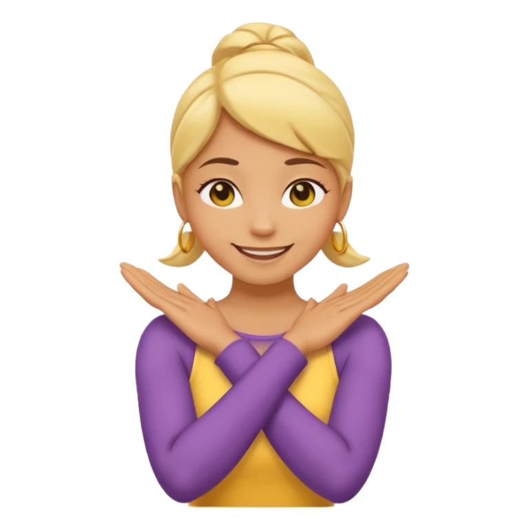 Yellow circle emoji smiling with one eye squinted with arms crossed over her neck, holding neck sticker