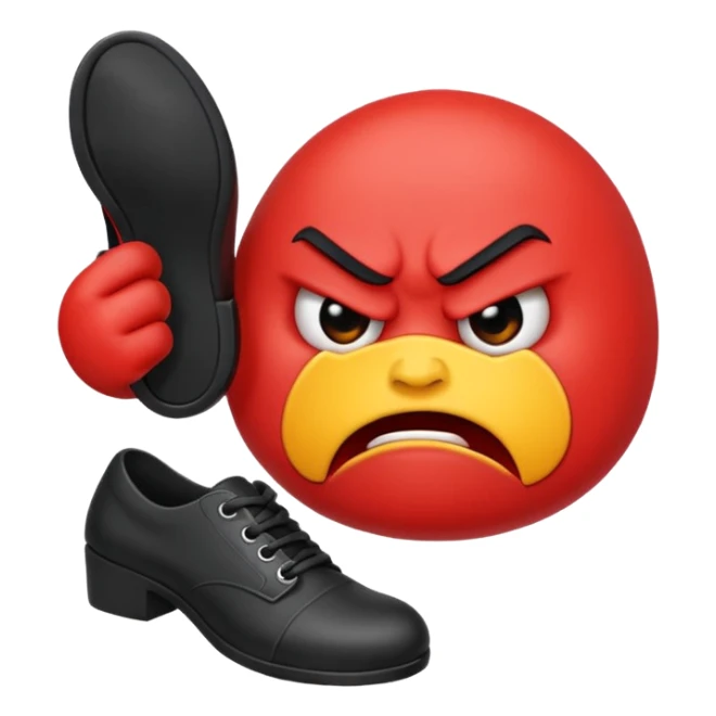 A red angry emoji carrying a shoe in his hands tothrow it sticker