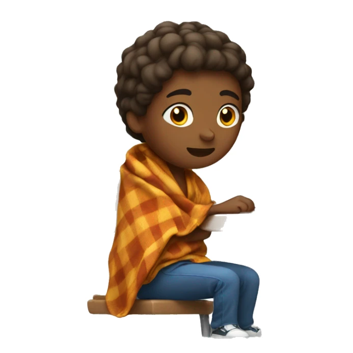 Middle schooler sitting at desk with a blanket wrapped around shoulders  sticker