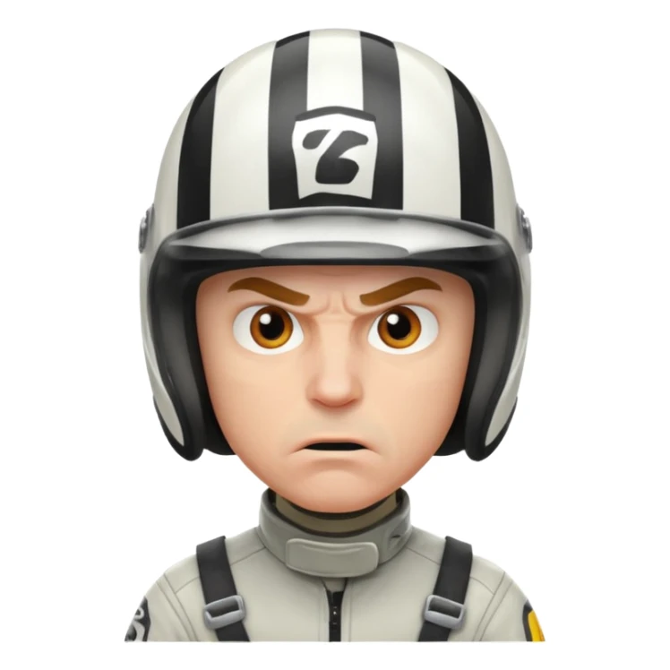 white male racer in helmet, crazy look, taking risks, very serious face, angry sticker