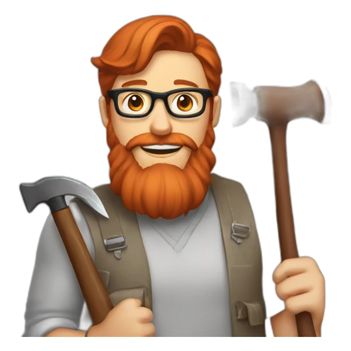 Red smooth haired man with beard and glasses repairing a saddle with hammer sticker