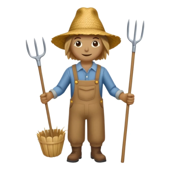 Scarecrow, straw hat, and a rake tucked in one arm, body on stick sticker