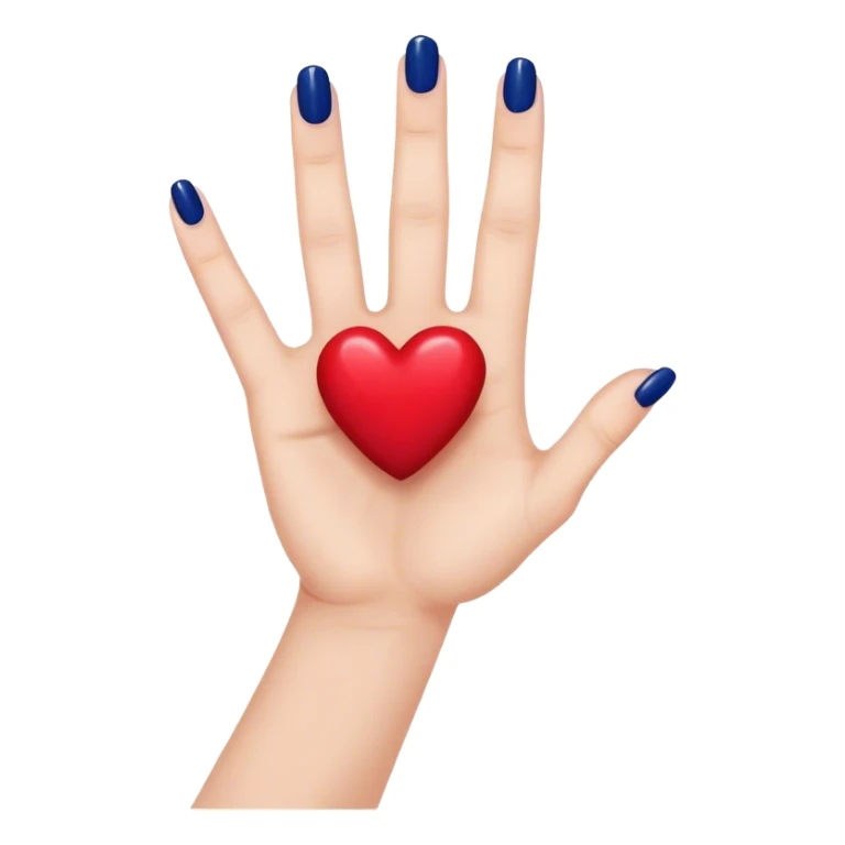 
a hand with a red manicure holds a dark blue heart with two fingers sticker