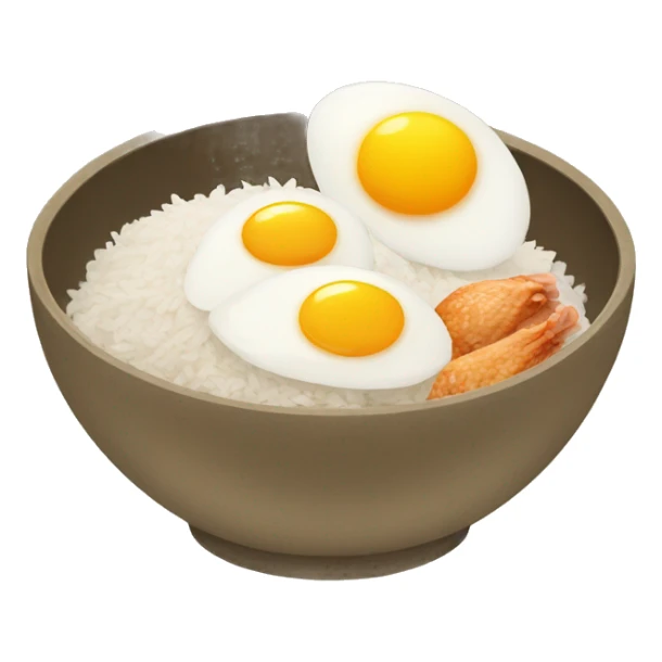 a bowl of rice with two eggs and two chicken sticker