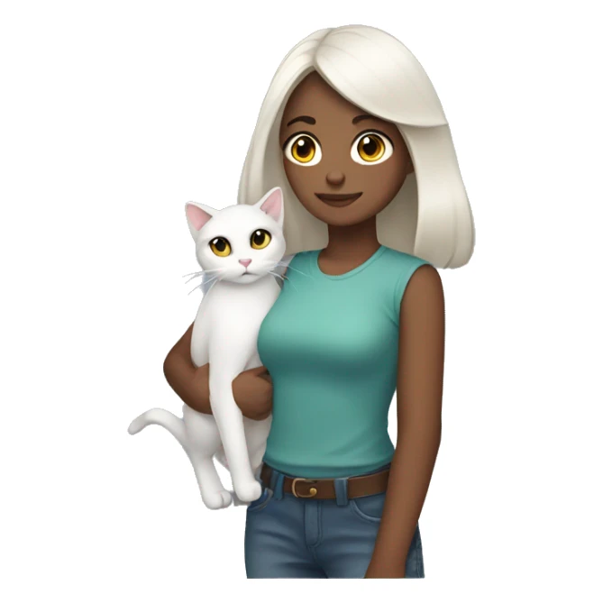 A girl with shoulder length dark hair and a white cat on her shoulder sticker