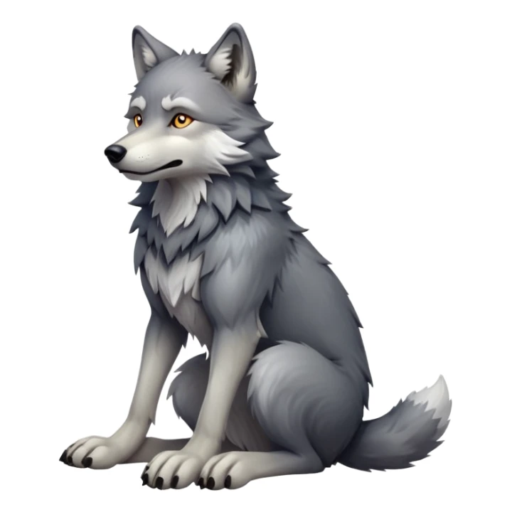 cinematic-[wolf]-realistic-full-body-sitting-emoji,-tail-resting-loosely-beside-its-paws,-head-tilted-dramatically, -scruffy-[grey]-fur,-simplified-yet-realistic-focused-features,-highly-detailed,-glowing-with-an-almost-sarcastic-glow sticker