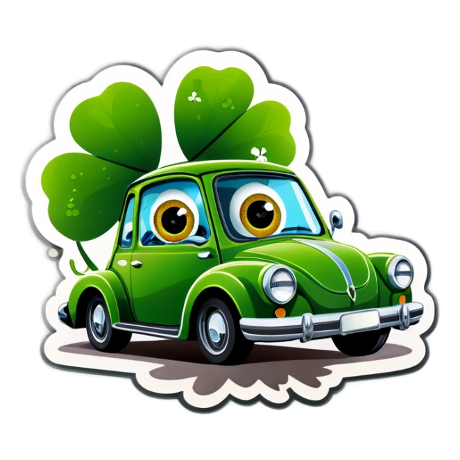 A 4 leaf clover with eyes driving a car sticker