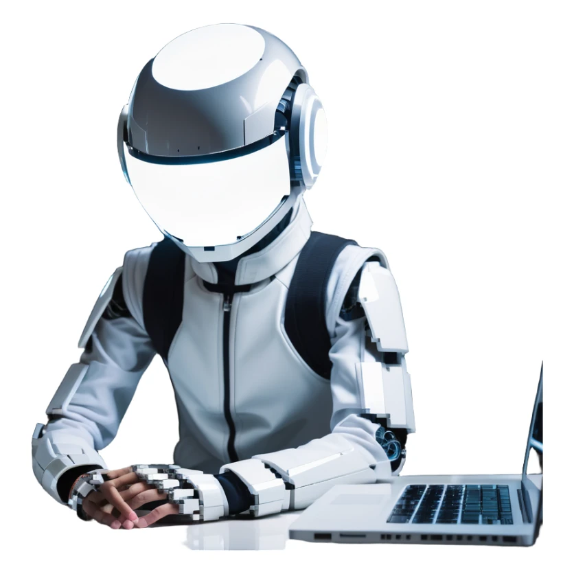 futuristic tech boy wearing a sleek robot helmet with a glowing white circle light in the center, sitting in front of an advanced high-tech laptop, neon-lit cyberpunk room with holographic displays and gadgets, focused posture, soft reflections on helmet, mysterious atmosphere sticker