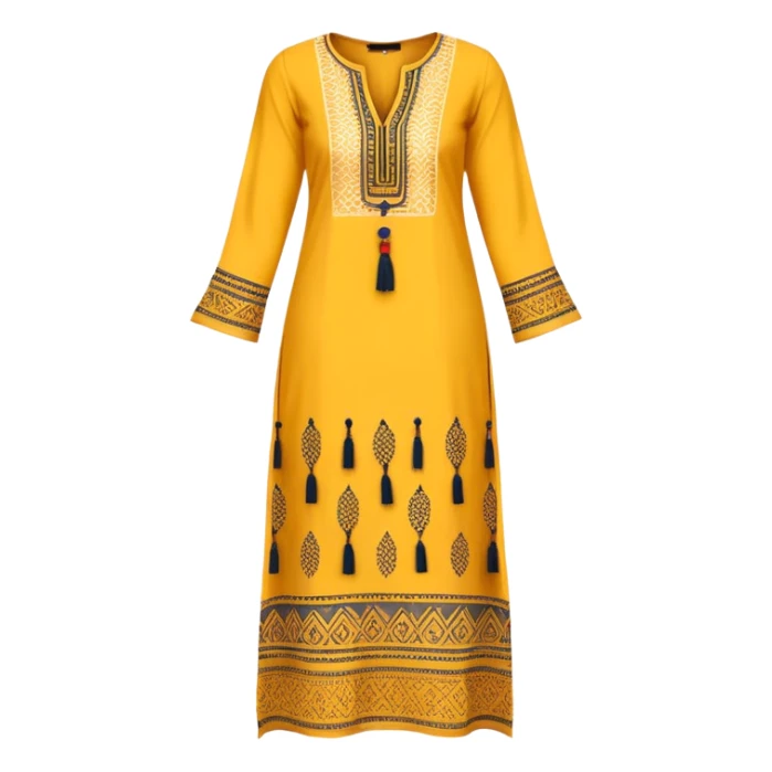 Long yellow kurti with block prints and tassels sticker