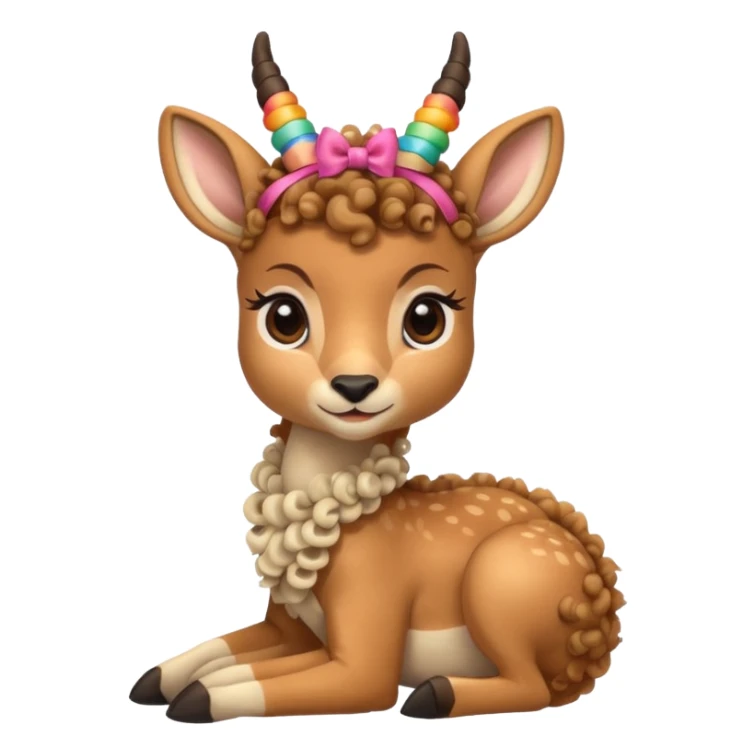 cute gazzelle with curly fur, sitting down, wearing a bow on its head. sticker