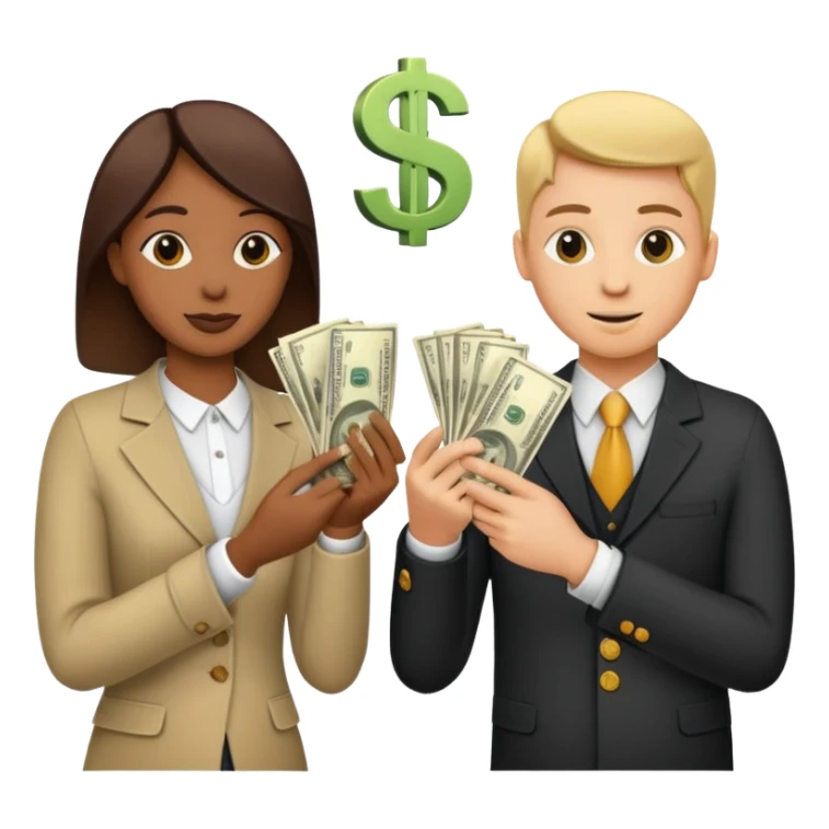 Two people exchanging money, with a dollar sign between them, symbolizing billing and financial transactions. sticker