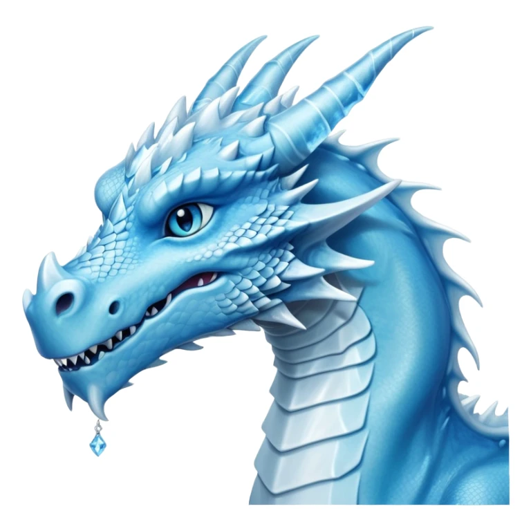 Cinematic wise elegant Ice Dragon Portrait Emoji, Poised and imposing, distinct long elegant snout, with a slender, scaled body shimmering in glacial hues of icy blue, frostbitten silver, and crystalline white, breathing out frost, with piercing, glowing ice blue white eyes that radiate the chilling depths of an arctic storm; rendered in detail. excuding wisdom sticker