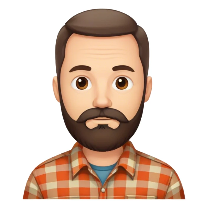 middle aged white man with dark brown circle beard, wearing a plaid shirt sticker