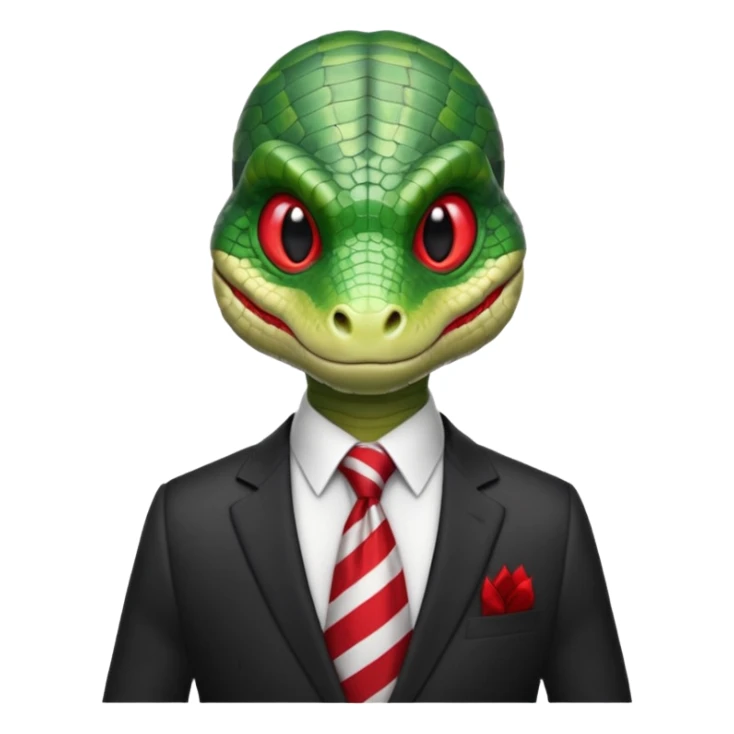 A green reptilian humanoid dressing a suit, striped red and white tie, human emoji style, his face is seriously, his eyes is similar to real viper snake eye sticker