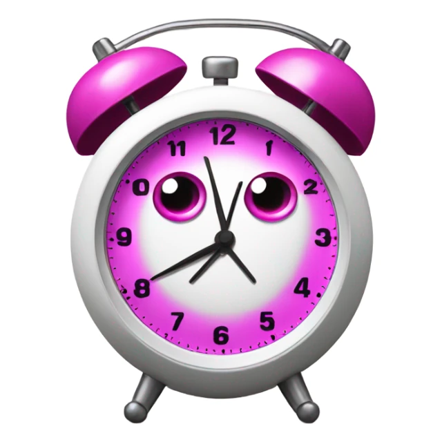 A fucsia alarm clock with eyes and a white dial sticker