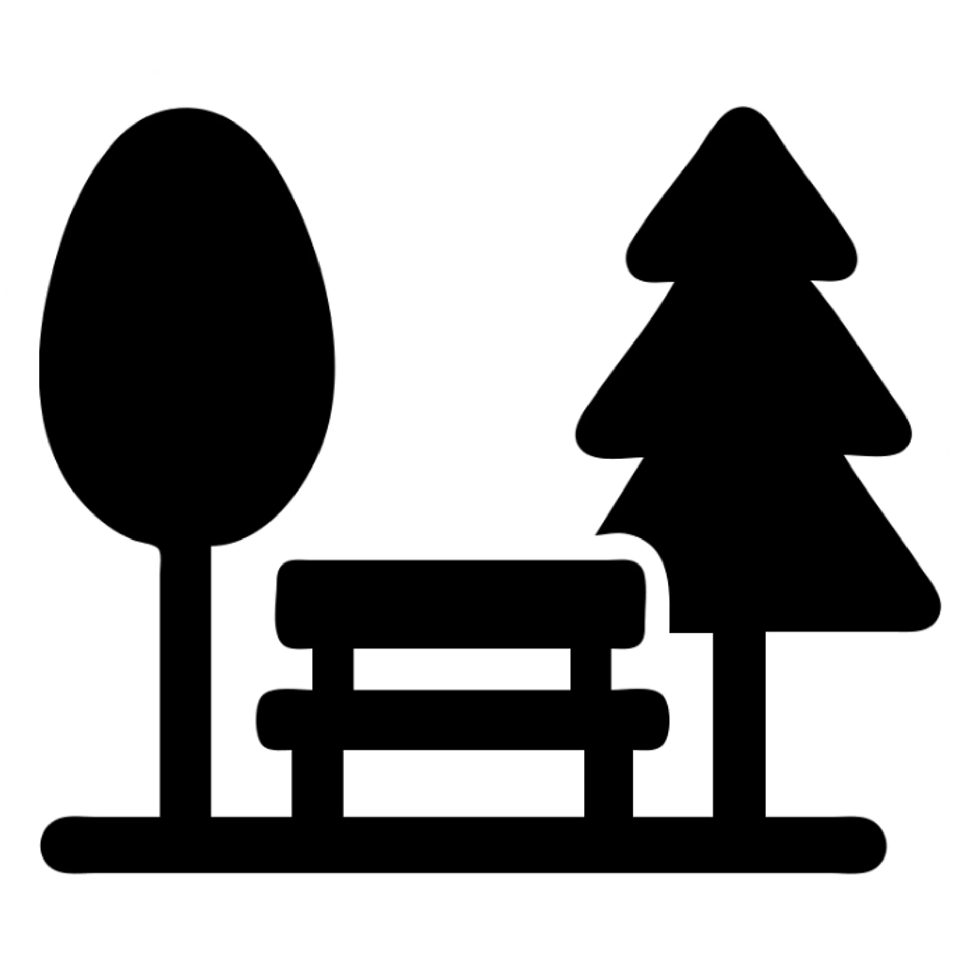 stylized trees and bench park icon, solid black fill, minimalist silhouette sticker