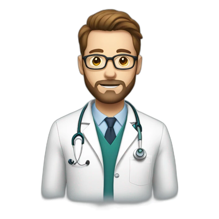 white doctor with short brown hair, big forehead, glasses and beard sticker