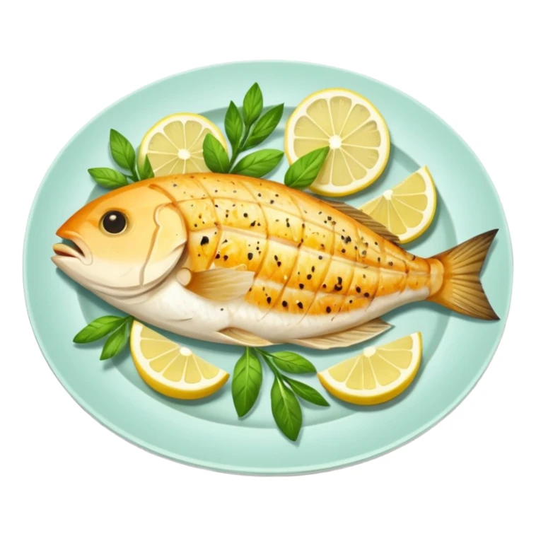 Draw a grilled fish fillet on a plate with lemon slices & herbs. sticker