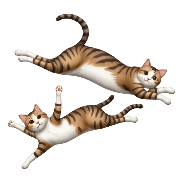 dark brown tabby and white cat with doing a big extremely long stretch reaching up into the air with arms and legs side by side together straight and overextended whilst lying on its side sticker