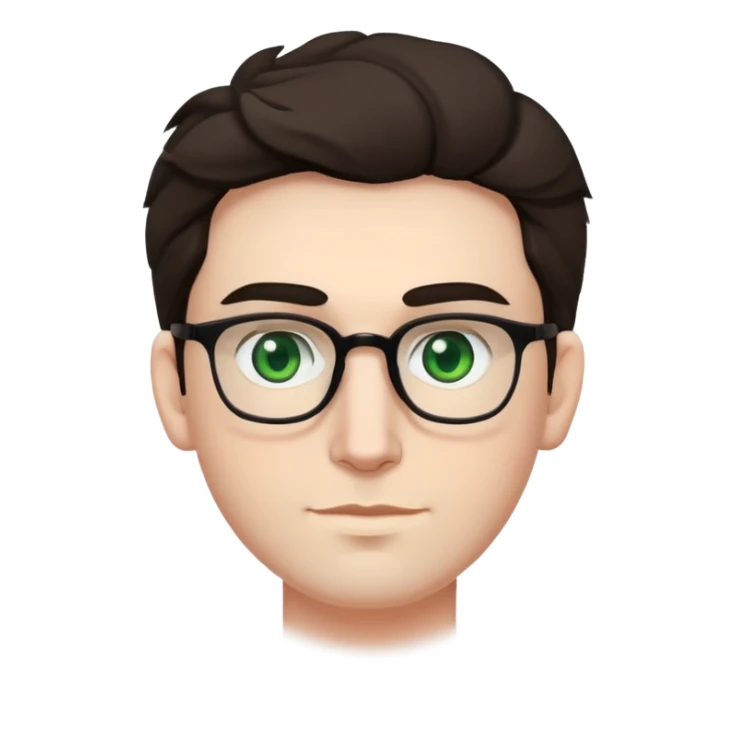young man with pale skin, larger face, bigger nose, thick dark eyebrows, dark tall voluminous slightly wavy hair styled up high on head but not curly, wearing glasses with green eyes and very light stubble, with a slight smile sticker