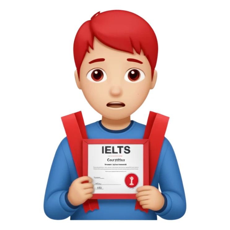 emoji student sad holding red sertificate IELTS 5.5, crying, failure, white background sticker