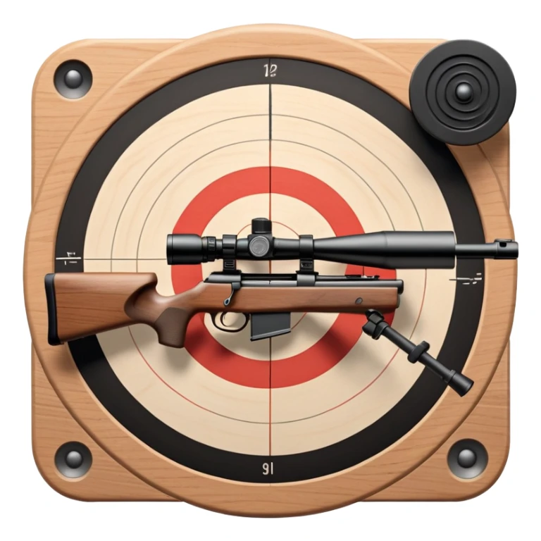 A detailed rifle with iron sights aimed at a target with concentric rings. The target is centered, emphasizing accuracy and focus in sports shooting, with no shooter visible, just the rifle and target in a calm, precision-driven setting sticker