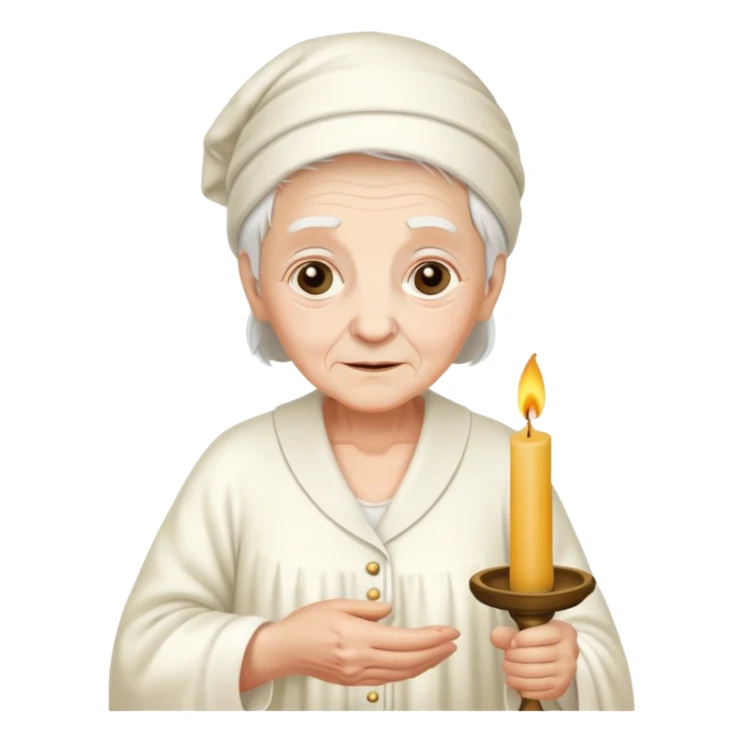 Old person in nightgown with candle and cap sticker
