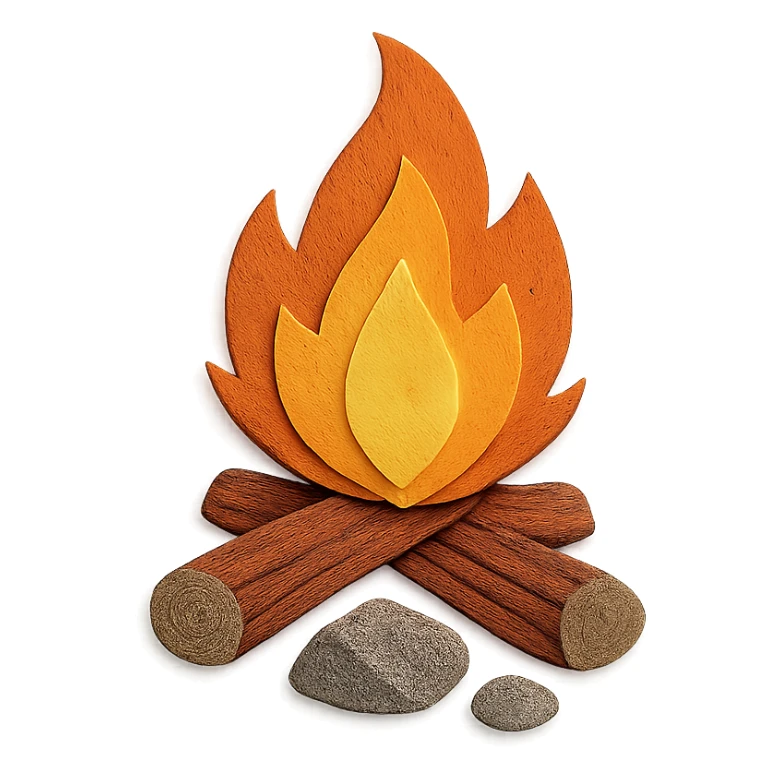 campfire with textured flames, wood, and rocks, paper craft style, realistic cut paper details sticker