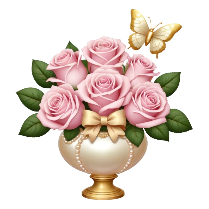 Realistic aesthetic bouquet of roses. Three white and three light pink in a pearl vase and a beige bow with gold decoration and a butterfly with gold and beige wings sticker