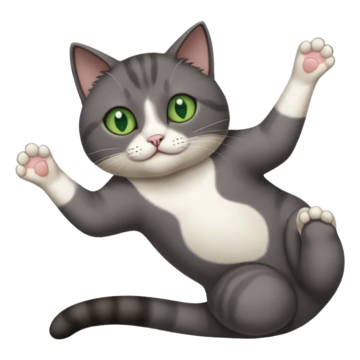 dark grey cat with green eyes, white toes/paws and white patch on her chest playfully rolling upside down sticker